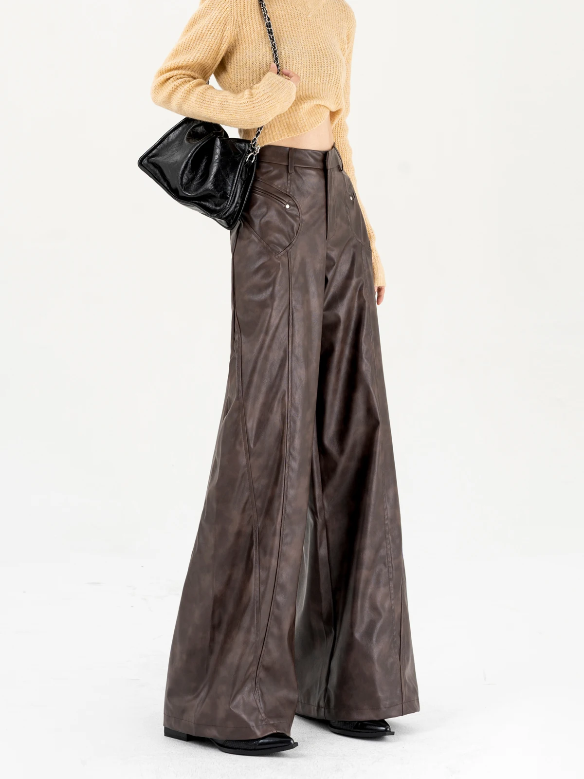 Винтажные коричневые женские брюки из искусственной кожи уличная одежда в стиле