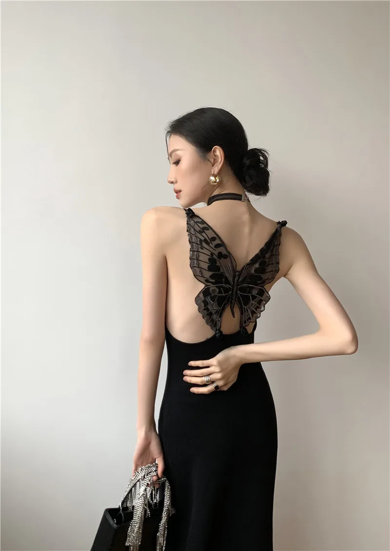 

Chic Sexy Black Dress Woman Summer Elastic Knitted Embroidery Butterfly Spaghetti Strap Club Dresses Party Night Vestido Negro