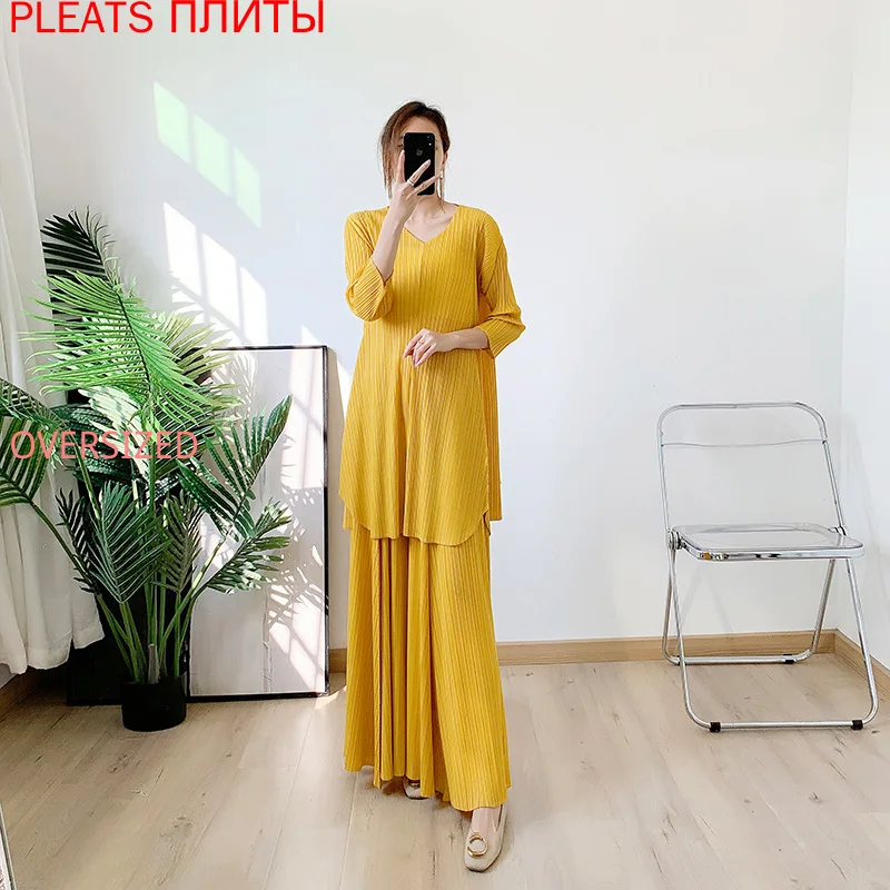 

Miyake/новый весенне-летний костюм, однотонный свободный дизайн, топ большого размера + широкие брюки, комплект из двух предметов, Ensemble Femme