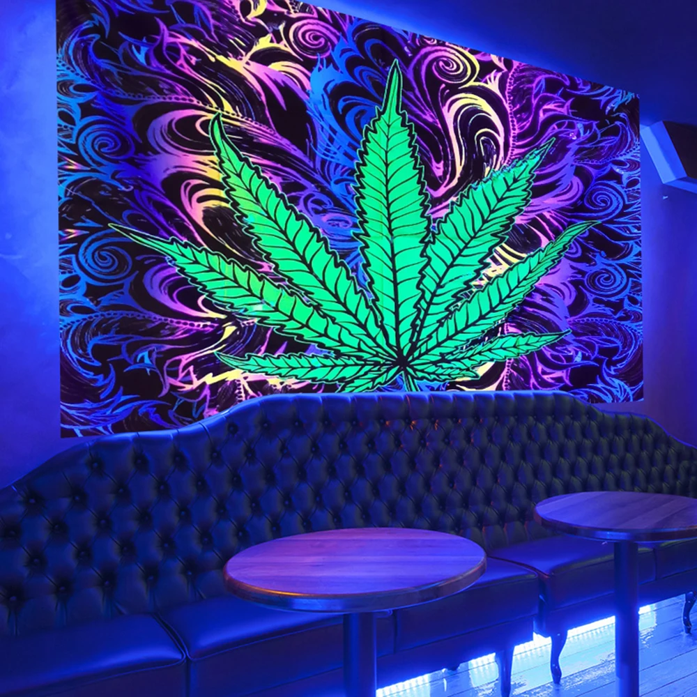 

Fluorescent Psychedelic Maple Leaves Sex Girl Tapestry Hanging Cloth Art Home Wall Decoration Bright Under The Ultraviolet Light