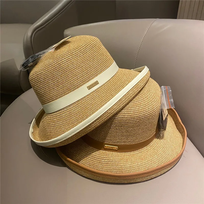 

202203-may-2509264 summer holiday protection wide pu brim paper grass Hepburn French elegance lady sun cap women leisure hat