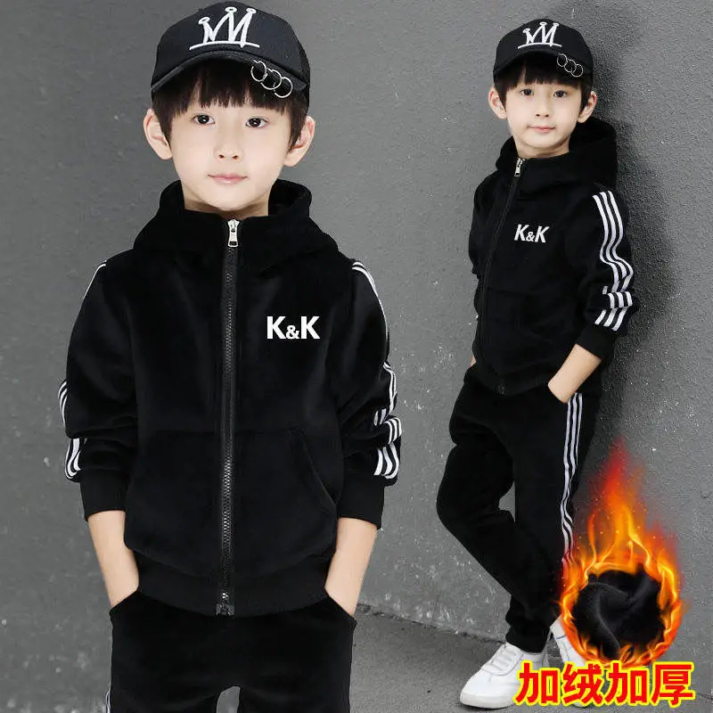 

Children Clothing Set Double-sided Velvet Fashion Letter Hooded 2PCS Hoodies+Jogger Pants Kids Boys Tracksuit for Autumn Winter