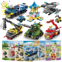 huiqibao 6in1 city fire car police truck engineering crane building blocks tank helicopter bricks set toys for children kids