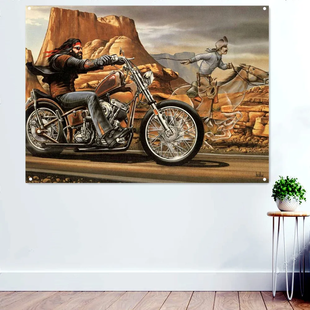 

Motorcycle Rider vs Cowboy Posters & Prints For Boys Room Banner Wall Art Flag Pub Club Man Cave Bar Garage Wall Decor Painting