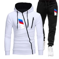 men 2pc set fashion racing zipper hooded suit jacket outer pants set outdoor leisure sports skateboarding hoodies sportswear