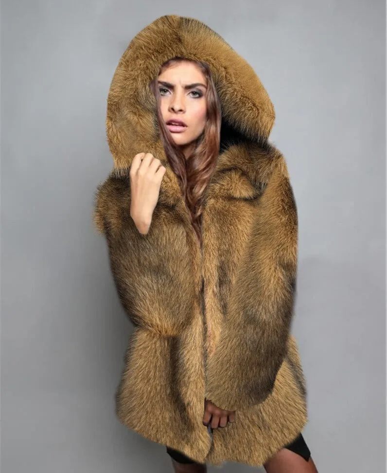 2022 New Fashion Faux Fur Coat Long Faux Fox Fur Coat Warm Outwear