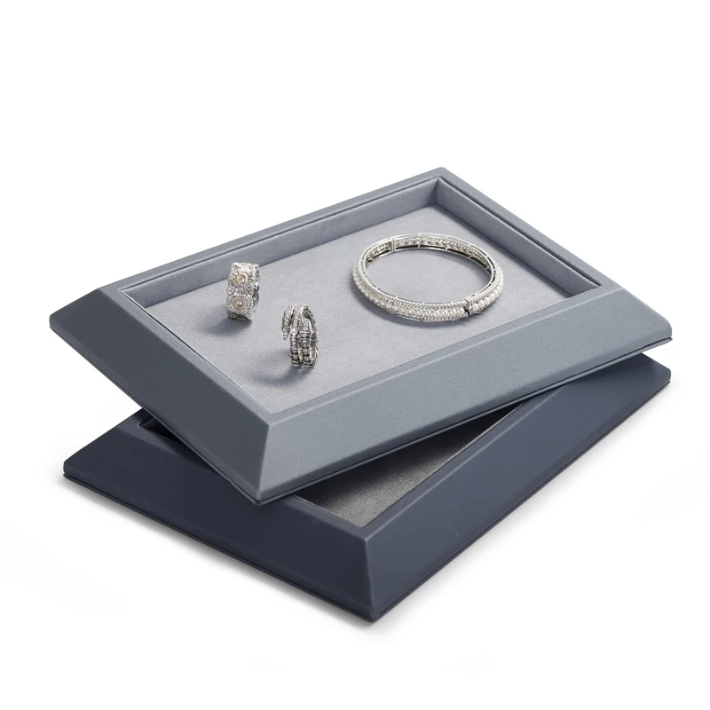 Oirlv Grey PU Leather Jewelry Display Trays with Microfiber Jewelry Counter Exhibited Tray for Necklace Bangle Ring