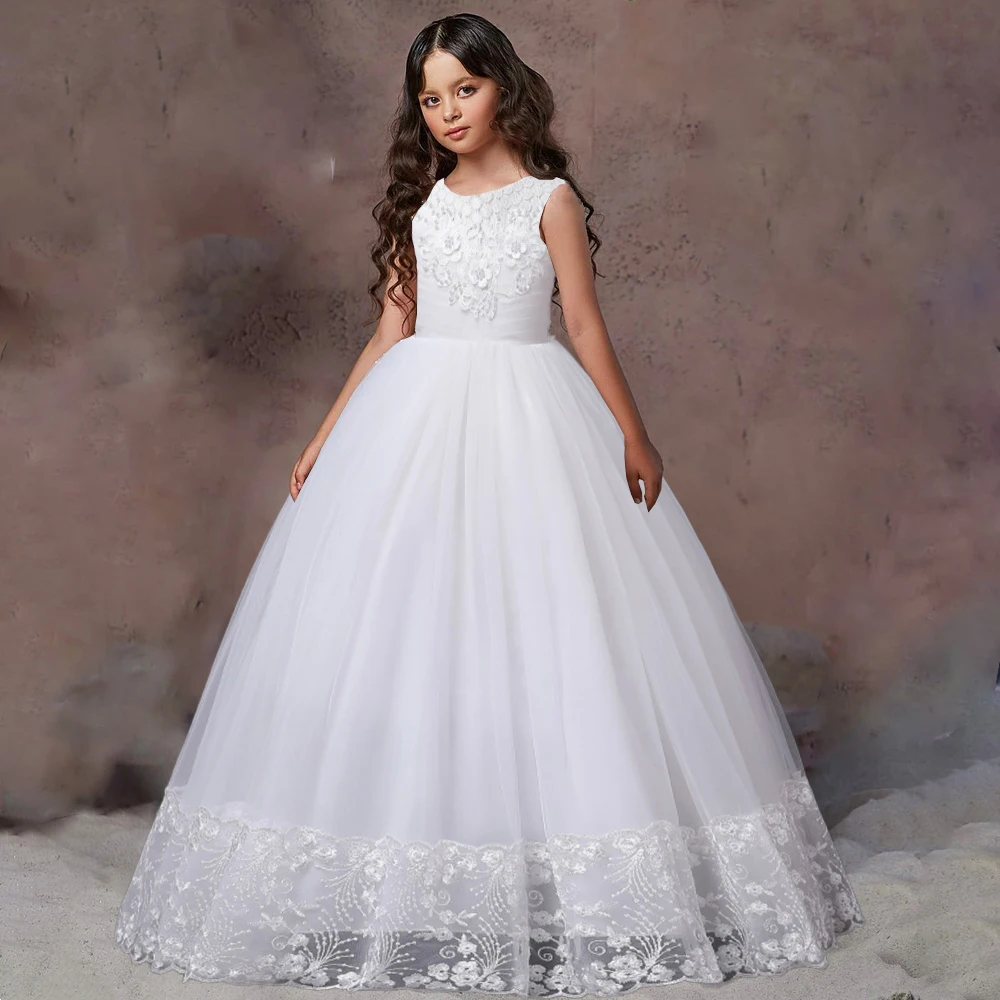 

Vintage White Lace Bridesmaid Kids Flower Dress For Girls Children Long Formal Party Wedding Princess Dress Gown Costume 10 12 Y