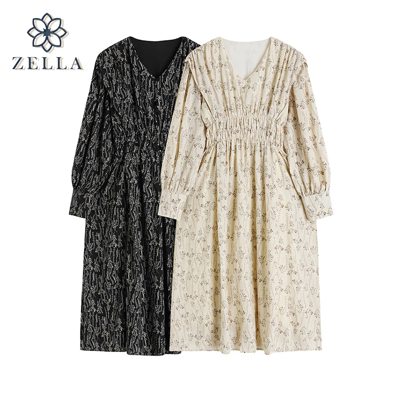 

French Vintage Floral Print Midi Dress Women Long Sleeve V-Neck Office Elegant A-line Dress Female 2022 Spring One Piece Dresses