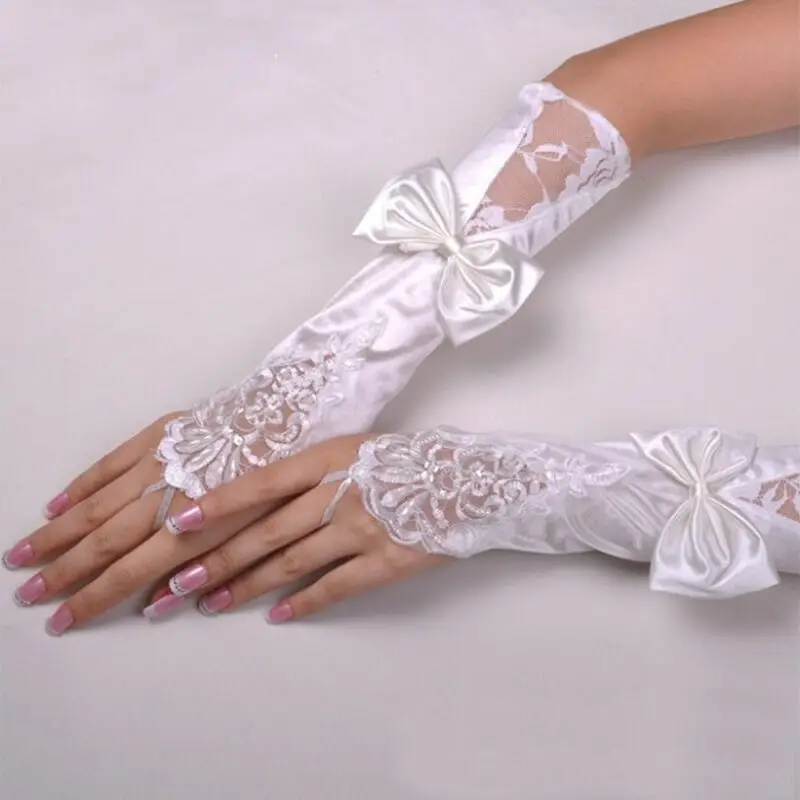 

Elegant Wedding Gloves with Bow White/Ivory/Black/Red Wedding Accessories Brand New Fingerless Beaded Sequins Bridal Gloves