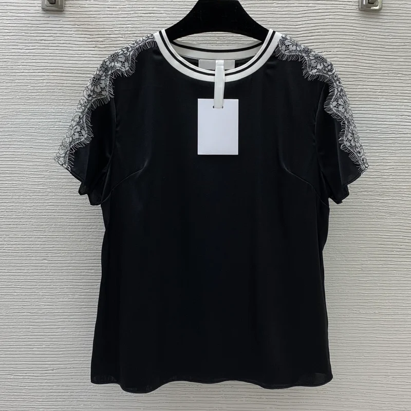 

new women's top neckline elastic thread splicing shoulder lace perspective women's T-shirt fashion short sleeve women's T-shirt