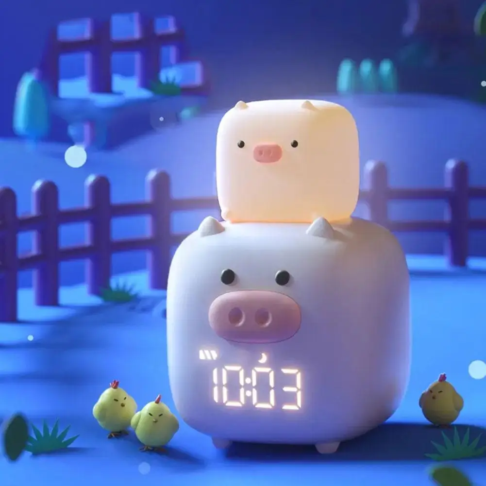 

Pig Night Light USB Rechargeable Silicone Night Lamps Smart Alarm Clock Student LED Numbers Wake Bedside Alarm Clock Kid Gift