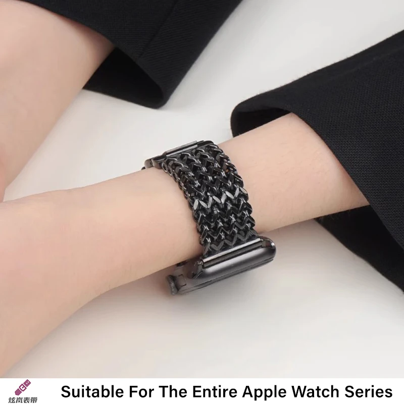 Фото Роскошный ремешок из нержавеющей стали для Apple Watch 9 8 7 6 SE 5 3 45/44/42/41 мм, металлический плетеный браслет Correa iWatch Ultra 49 мм 40 38 мм №4