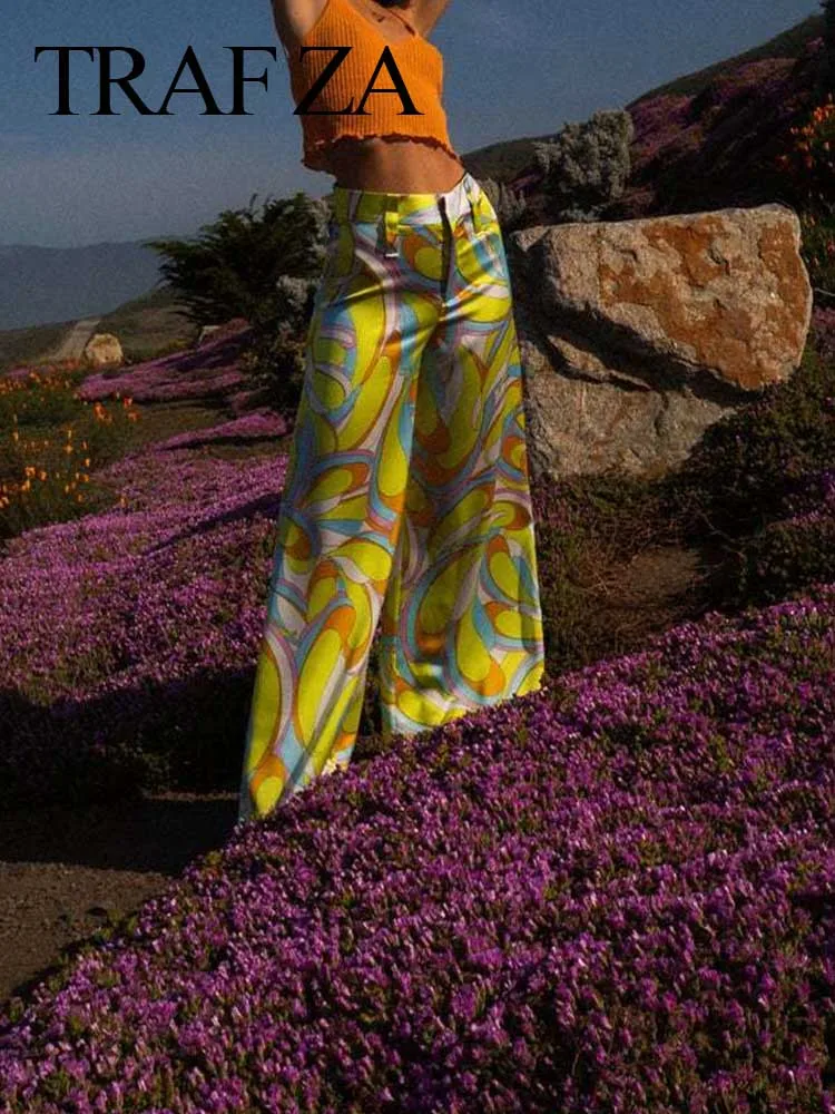 

TRAF ZA 2022 Fashion New Women Wide Leg Pants Print Casual Loose Commuting Trousers Zipper Spring Elegant Ladies Daily Clothing