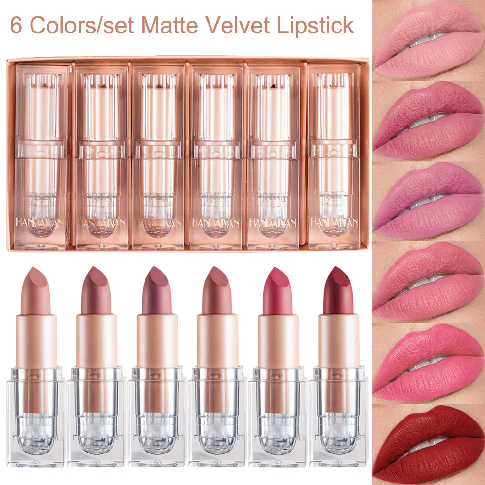 

6 Colors/Box Nude Matte Waterproof Velvet Lipstick Set Sexy Red Pink Pigment Makeup Lip Balm Long Lasting Cosmetic Lip Stick Kit