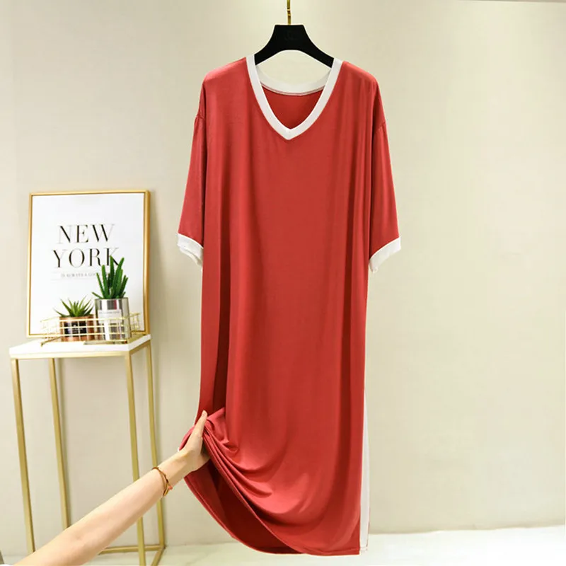 Summer Casual/Sexy Nightgown For Women Elastic Red Nightdress Women's Modal V-Neck Short Sleeve Nightwear 2022 Fashion Clothes