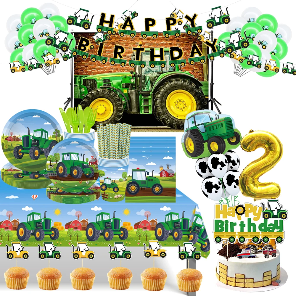 

Green Farm Tractor Theme Disposable Tableware Paper Cup Plates Truck Vehicle Excavator Kids Boys 1st 2 Party Decorations Supplie