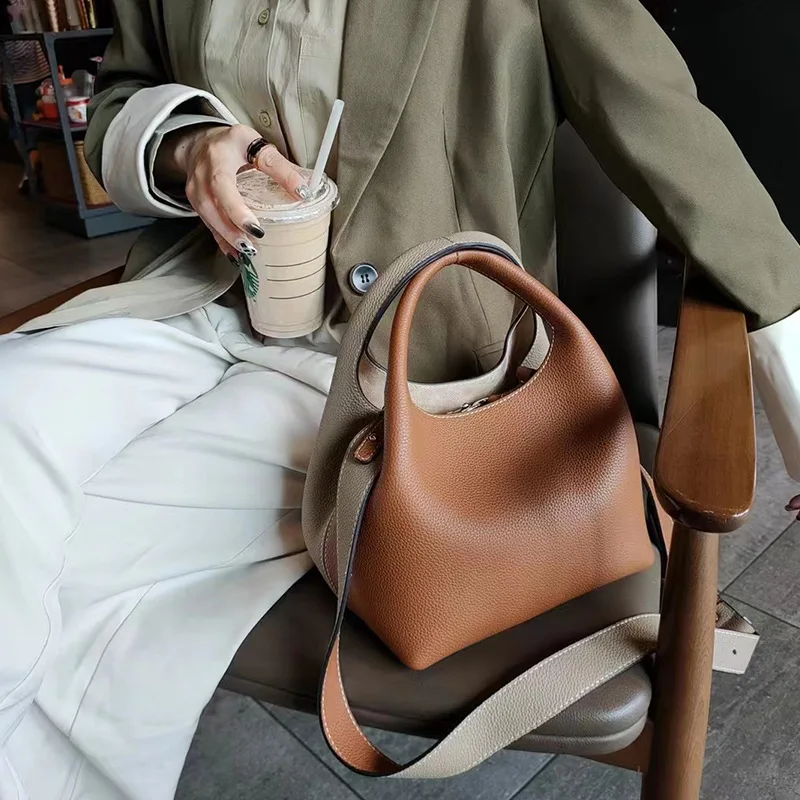 Genuine leather vegetable basket bag single shoulder spell color bucket bag versatile handheld crossbody temperament female bag
