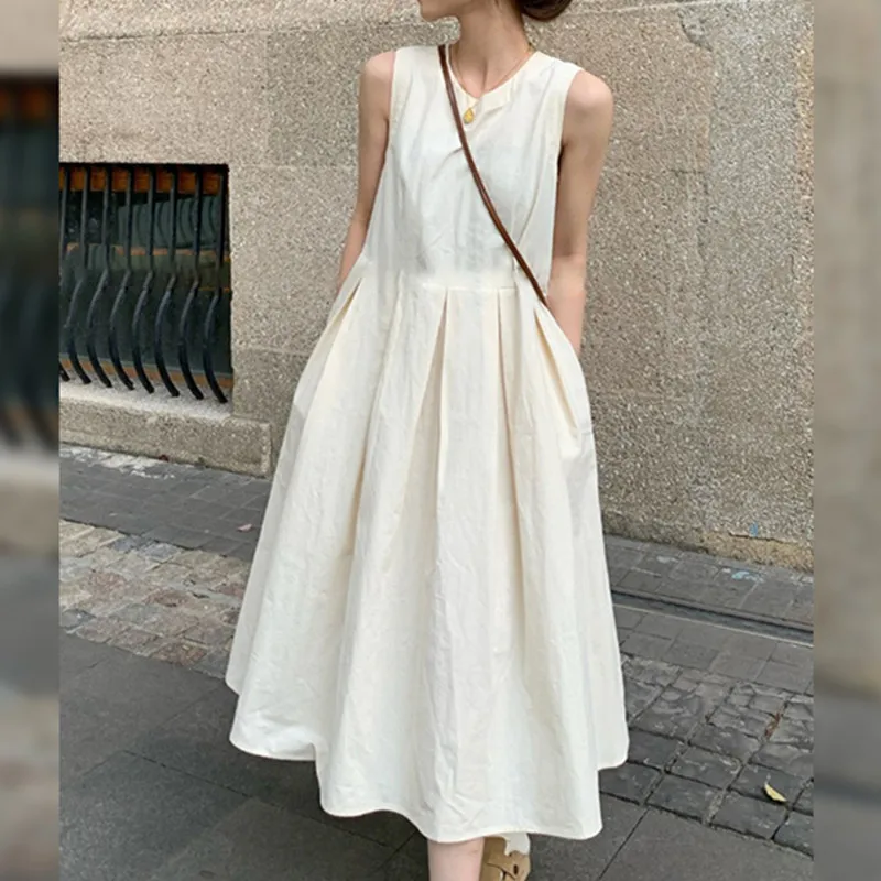

White sleeveless dress women 2023 summer senior sense day vest high waist temperament skirt