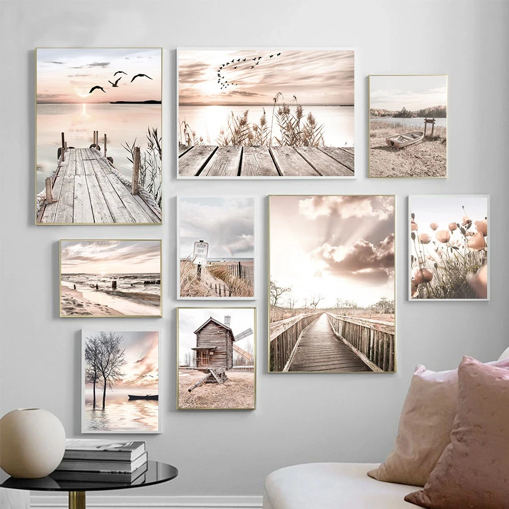 

Sea Landscape CanvasPainting Print Beach Poster Wooden Bridge Hay Flower Wall Art Nordic Wall Pictures For Living Room Decor