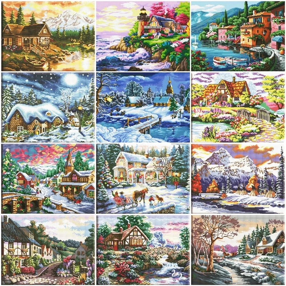 HUACAN Cross Stitch House Needlework Sets White Canvas DIY Home Decoration 14CT 40x50cm Embroidery Landscape Kits  - buy with discount