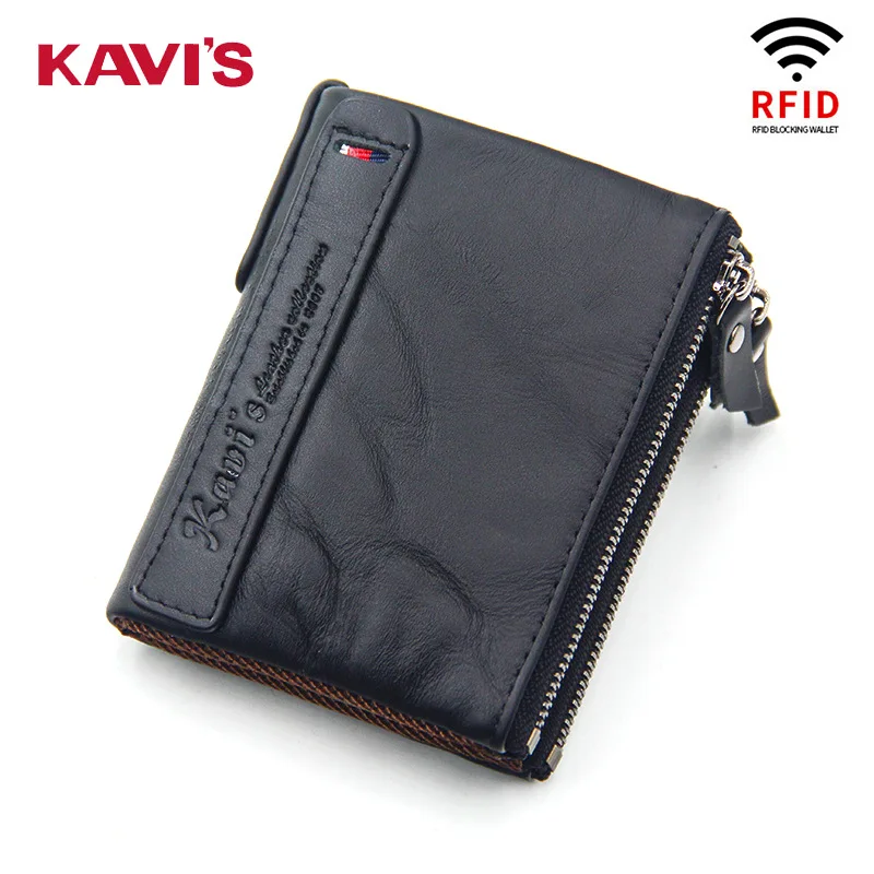 

Genuine Leather Men RFID Wallet with Anti-theft Brush Card Holders Male Short Wallet Double Zipper Coin Purse Vintage Money Bags