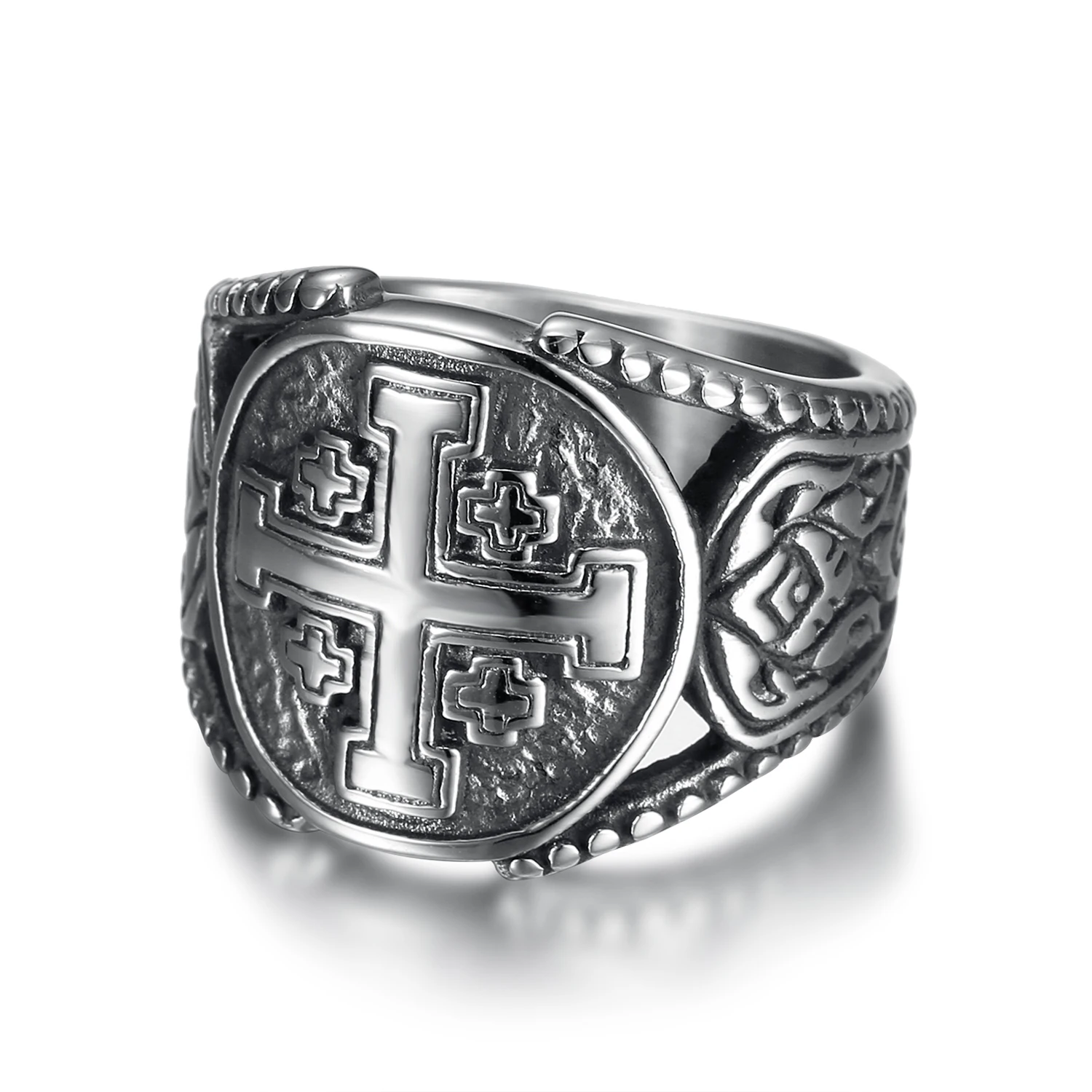 Jerusalem Cross Round Signet Vintage Men's Finger Band Rings Christian Crucifix Faith Retro Pattern Decor Hollow Out Rings