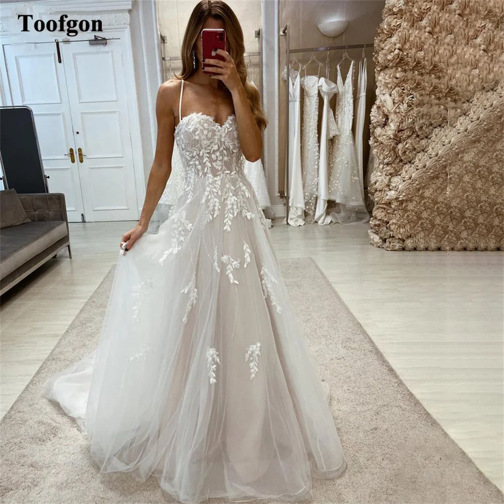 

Toofgon A-Line Lace Wedding Dresses Boho Appliques Flowers Sweethart Spaghetti Straps Beach Bridal Gowns Princess Bride Dress