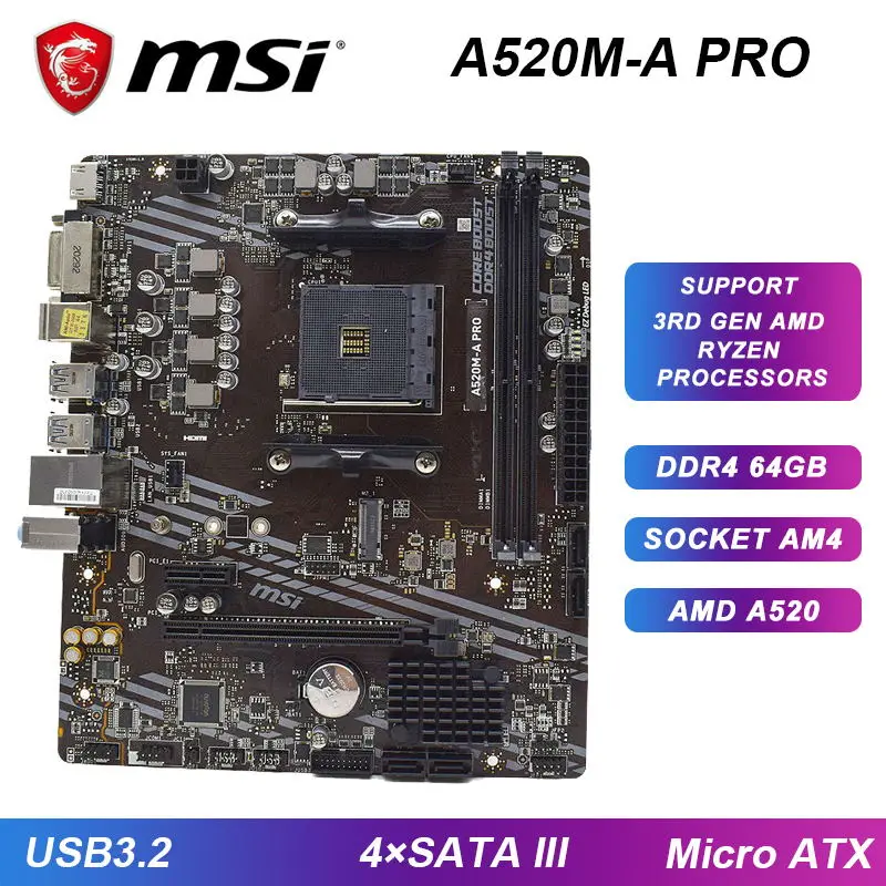 

AM4 Motherboard MSI A520M-A PRO Motherboard Socket AM4 DDR4 AMD A520 64GB PCI-E 3.0 M.2 HDMI Micro ATX For Ryzen 5 5600g cpus