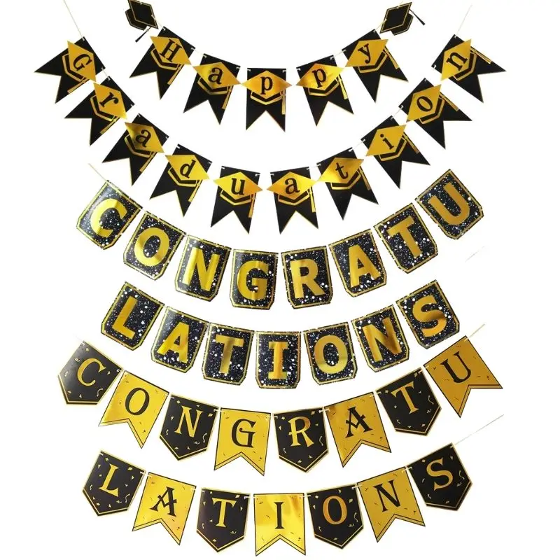 

Happy Graduation Paper Banner Black Gold Garland Gratuation Party Decoration Congratulations Grad Hanging Bunting Decor Supplies