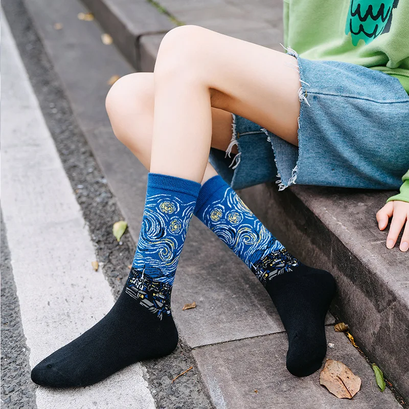 Funny Cotton Art Oil Painting French Style Socks for Men and Women Fashion Casual Novelty Colorful Middle Calf Summer Spring