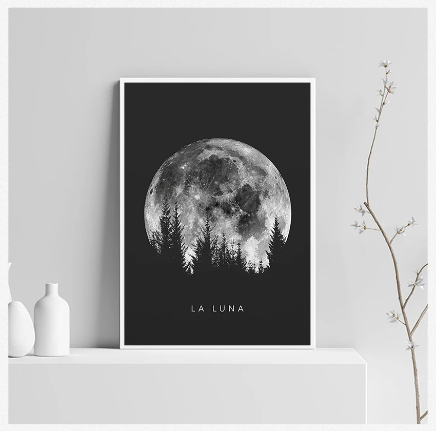 

Печать на холсте с солнечной системой, картина, украшение для гостиной, минималистичный плакат с полной луной, художественные фазы черной и ...