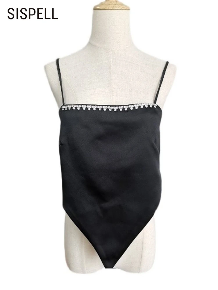 

SISPELL Sexy Tops For Female Square Collar Patchwork Diamond Asymmetrical Open Back Bowknot Lace Up Tank Tops Women 2022 Summer