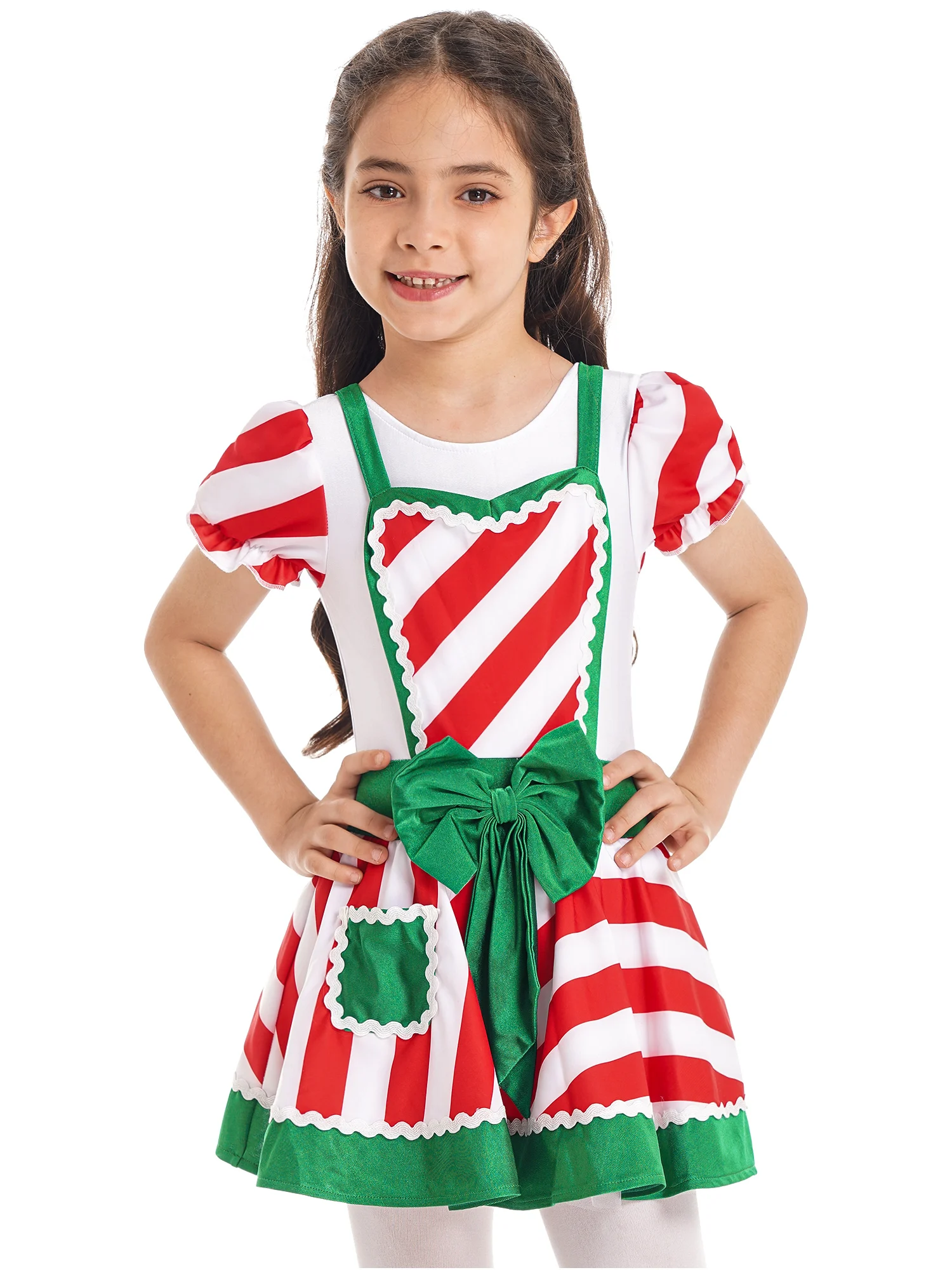 

Kids Girls Christmas Dress Cuffs Round Neckline Striped Style Patchwork Crisscross Back Strap Bowknot Front Tutu Mesh Dress