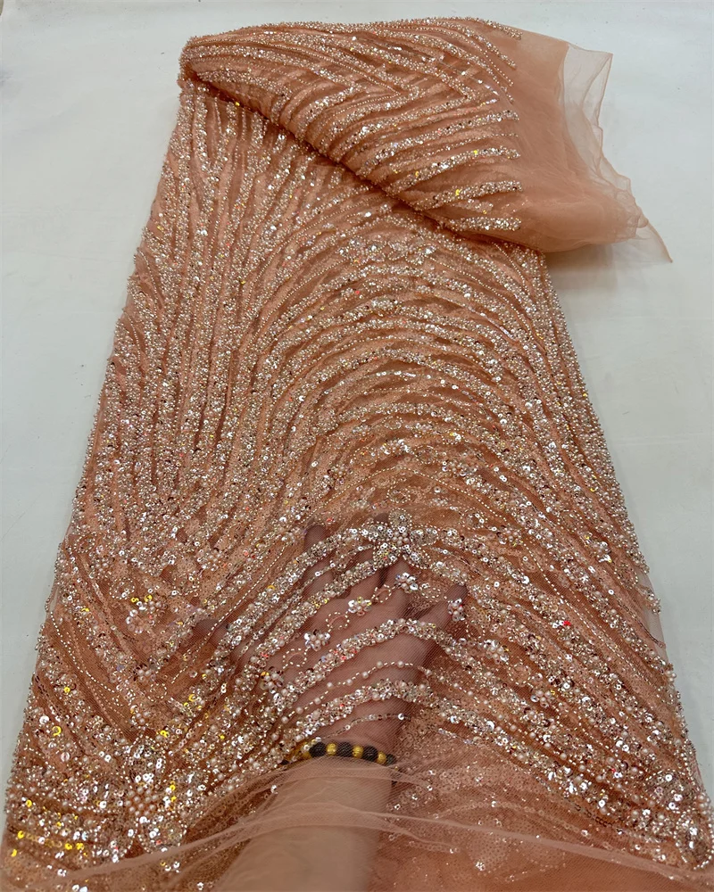 

African Beads Lace Fabric 5 Yards 2023 High Quality Sequin Groom Embroidered French Nigerian Tulle Lace Fabric For Wedding Party