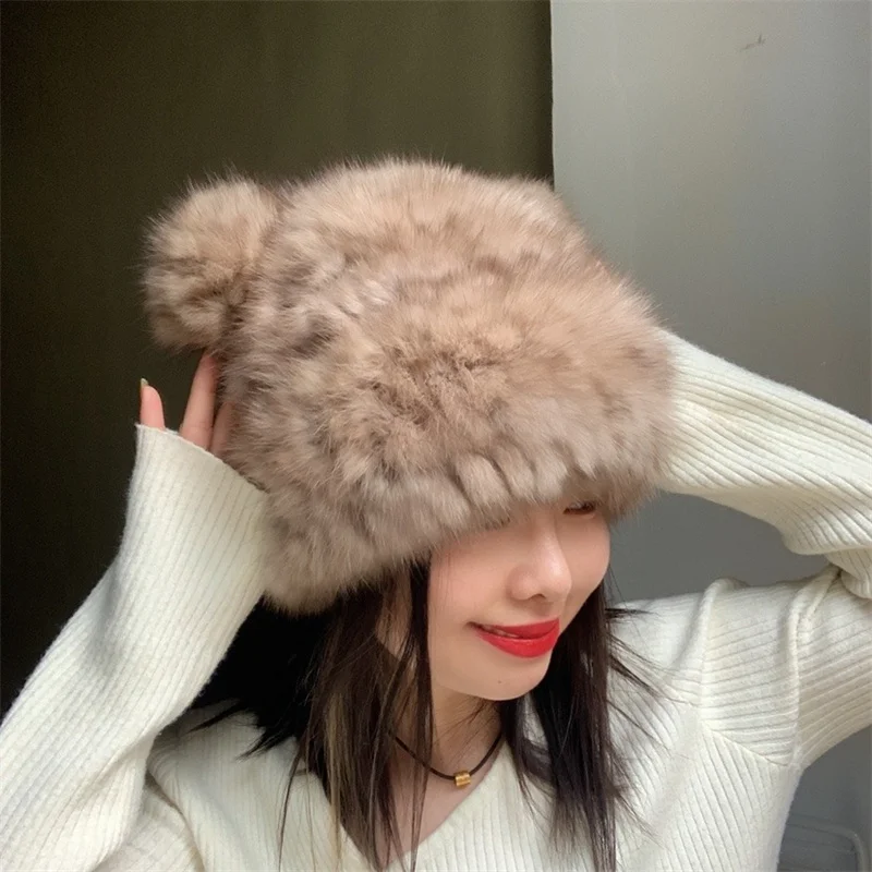 New Winter Women's Fur Bear Hat Luxury Mink Fur Thickened Warm Hat Outdoor High Quality Fluffy Knit Large Stretch Fur Hat