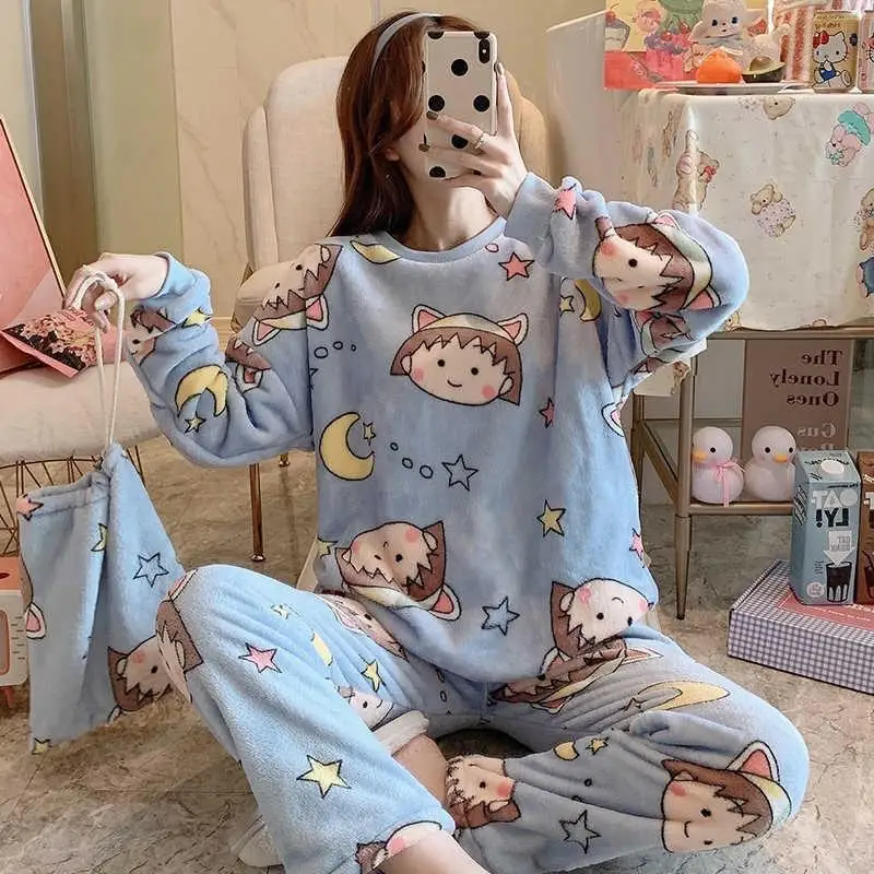 

Kawaii Chibi Maruko-Chan Pajamas Coral Fleece Long Sleeve Flannel Winter Thickened Homewear Girl Pajamas 2 Pcs Set Loungewear