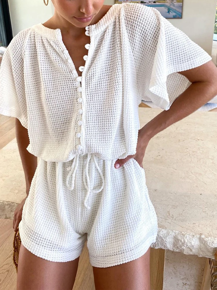 

Комплект из двух предметов для женщин, повседневный трикотажный топ на пуговицах спереди и шорты с кулиской, с вафельным узором, лето 2022