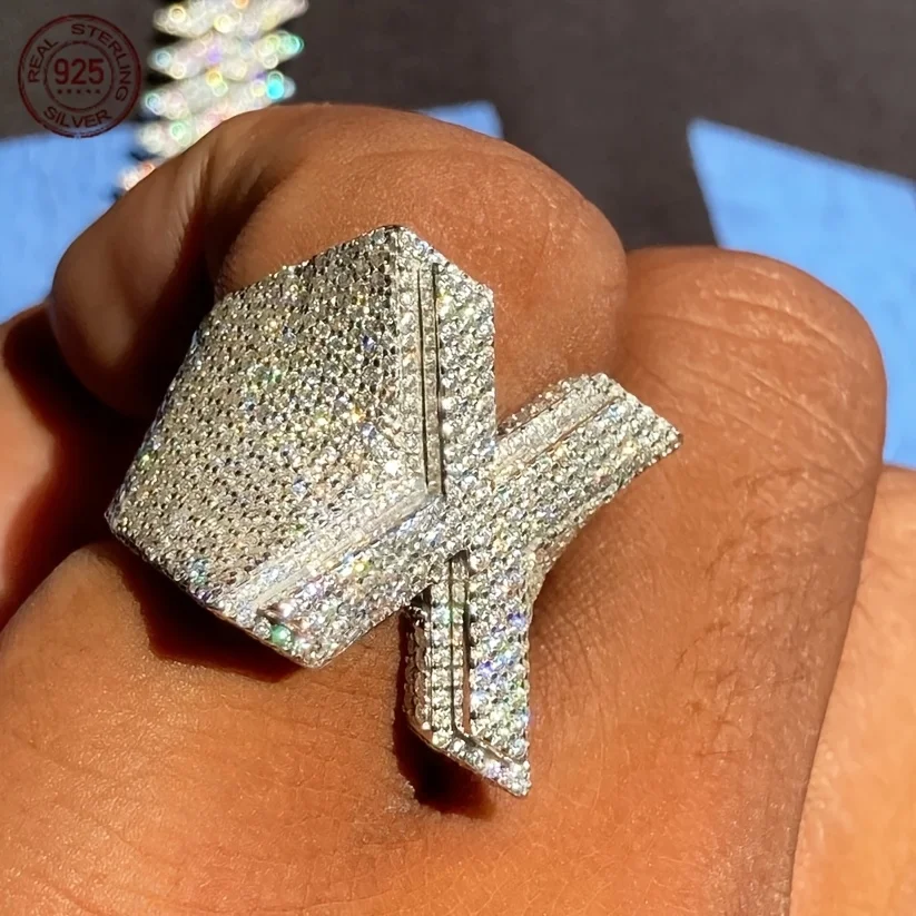 Фото Полностью Iced Out Initial X Diamond Letter Кольца для мужчин Роскошное кольцо из стерлингового серебра 925 пробы в стиле хип-хоп 5А Ювелирные изделия с цирконом и платиновым покрытием №4