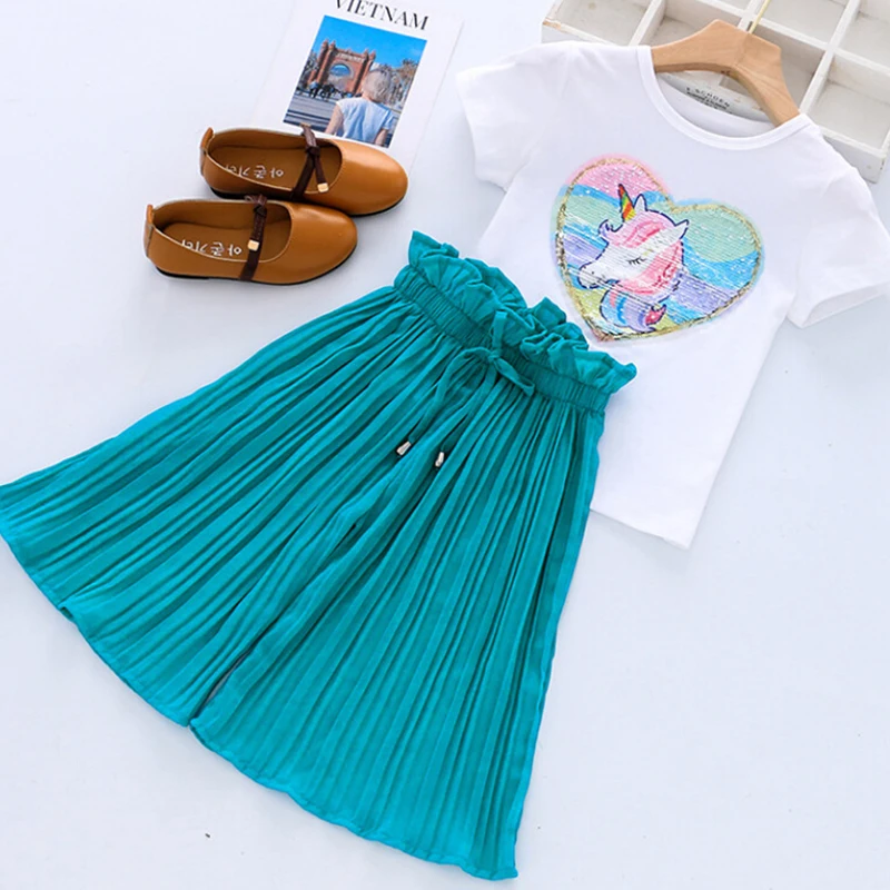 

Baby Girls Summer Casual Clothing Suits New Fashion Cartoon Unicorn Sequins T-Shirt Chiffon Pants Outfits Children's Clothes