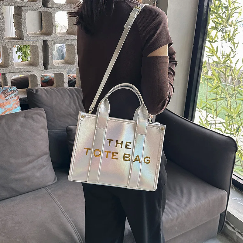 Leather Casual Tote Bags for Women 2023 New Luxury Designer Handbag Fashion High Quality Shiny Letter Large Shoulder Bag Woman