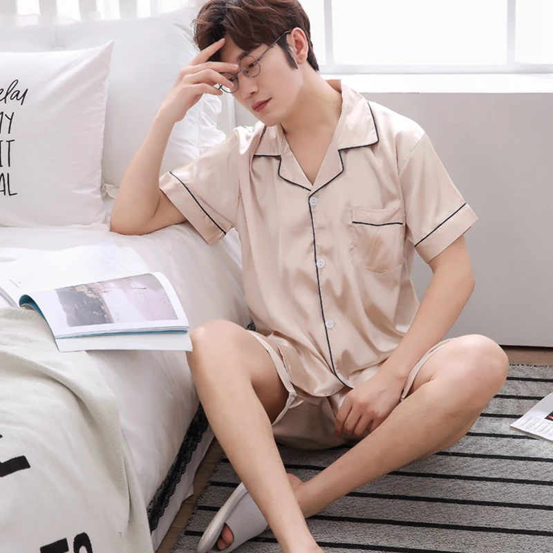 New pajamas men's summer silk short-sleeved shorts simulation silk thin section casual solid color home youth boys home clothes