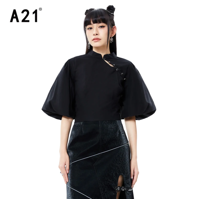 

A21 Women's Puff Half-sleeve Solid Blouses 2022 Summer New Stand-up Collar Design Button Up T-shirt Fashion 100% Cotton Tops
