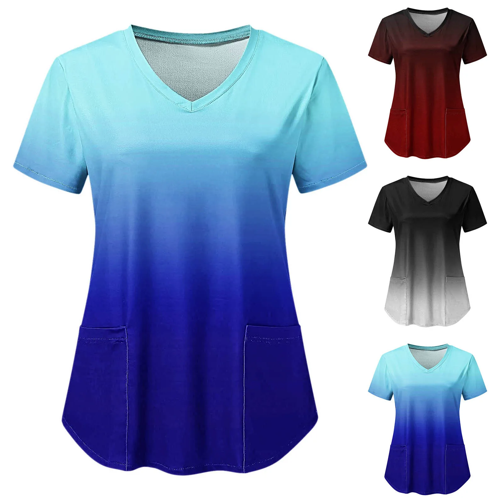 

Women Scrubs Uniforms Clinic Clothes Gradient Print Short Sleeve Working Uniform Blouse Pockets Summer Lab Coat Medical Workwear