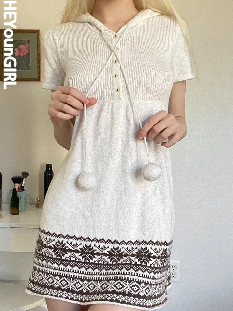 

HEYounGIRL Knitted Print Women Slim Hooded Mini Dress Bohemia Vintage Short Sleeve Y2K Casual Fashion Cute Dresses Ladies Outfit