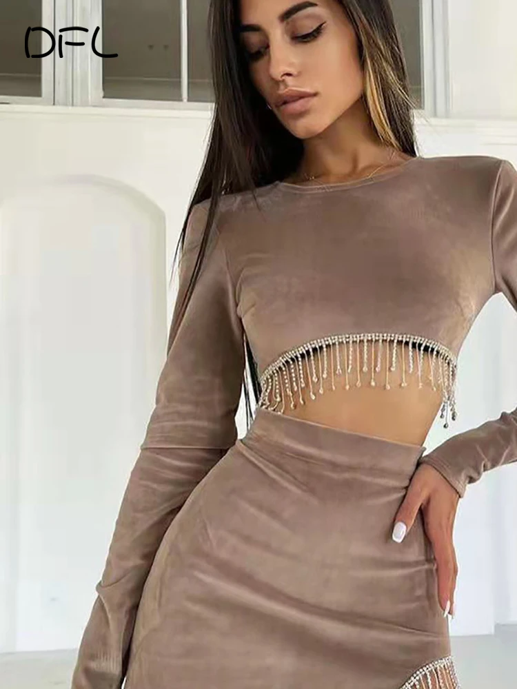 

DFLlifes Tassele Solid Women 2 Pieces Long Sleeve Summer Black Backless Sexy Elegant Mini Dress Woman Clothes Matching Set 2022