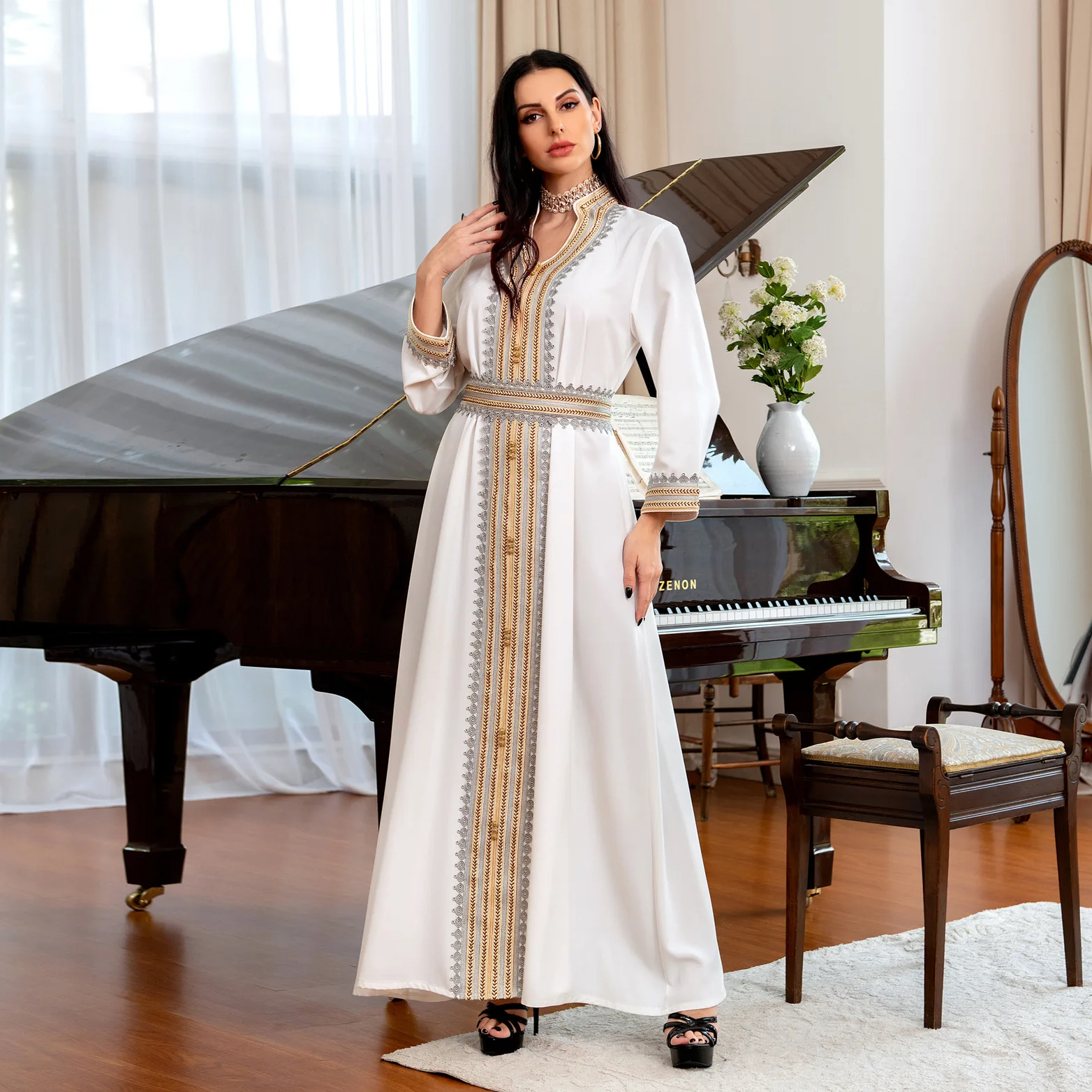 White Middle East Abaya Party Robe Muslim Evening Dress Embroidery Long Sleeves Buttons Dubai Arabic Dresses  abayas for women