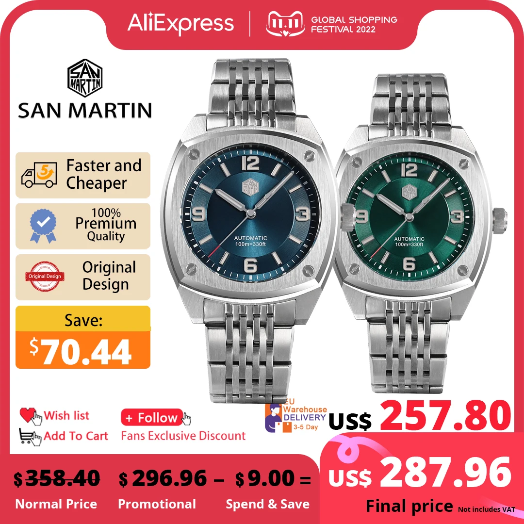 Цена San Martin 39,5 мм оригинальный дизайн квадратный спортивный стиль высокое качество Классические роскошные мужские механические часы сапфир 10 ба...