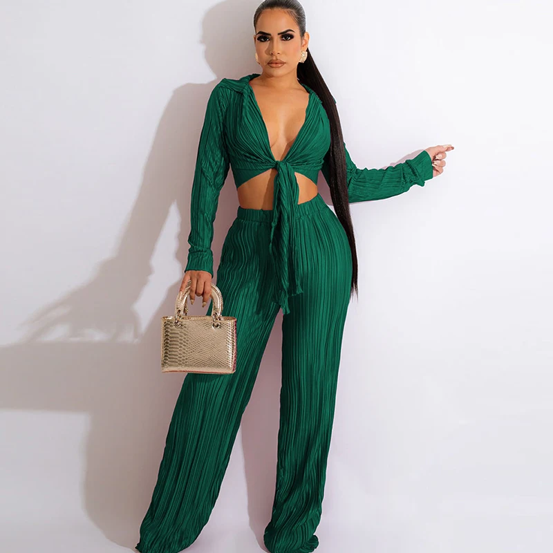 

Znaiml 2023 Elegant Lace Up V-Neck Long Sleeve Crop Top and Wide Leg Pants Two Piece Set Women StreetFestival Matching Outfits