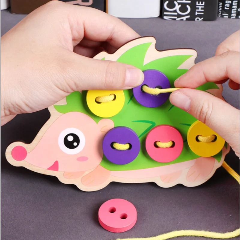 

1PC Montessori Educational Wooden Toys for Children Early Learning Beads Lacing Board Toddler Sew On Buttons Teaching Aids